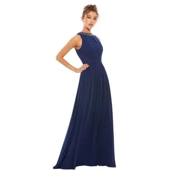 NWT MAC DUGGAL Dress 6 Evening Gown Navy Blue Bejeweled Pleated Chiffon #7969 - Picture 1 of 10